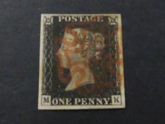 GB 1840 1D BLACK 4 MARGINS CORNER LETTERS MK TIED WITH RED MALTESE X 4 Margin black corner letters