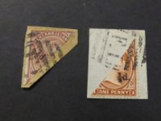 FALKLAND ISLANDS 1891 PROVISIONAL ISSUE 1D STAMPS BISECTED & OPTD 1/2d Card with duo of bisected