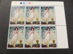 GB 1968 BRITISH PAINTINGS 1/- 'PINKIE' MNH BLOCK OF 6 NO EMBOSSING TO QUEEN'S HEAD VARIETY