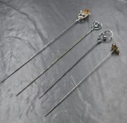 Two Charles Horner silver hat pins, one of a ribbon heart motif and the other of a yellow paste