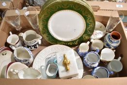 A set of six Myott's 'China-Lyke' green and gilt banded dinner plates, two small Copeland Spode '