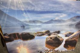 A large canvas print showing a misty lake Ullswater from the shore 101cm x 76cm.