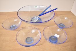 A set of mid-century modern Per Lutken style aqua blue glass bowls and salad tongs. One small bowl