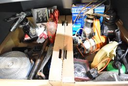 A selection of tools and car accessories in two cartons including a Clarke Drill Sharpener, a