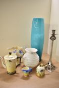 An Old Tupton Ware hand painted honey pot with spoon, a Nick Munro Wedgwood white spiral vase, a