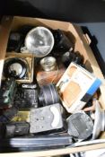A miscellaneous selection of items including Hella E1 car lamp, a Weston Voltmeter, a Zephyr