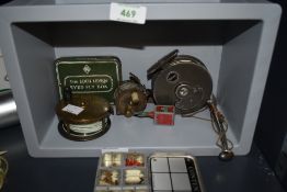 A nice vintage collection of fishing tackle including an Allcocks brass fly reel and split shot tin.