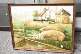 Thought to be 19th-century Dutch hand painted tile tableau, featuring a rural scene of pigs and a
