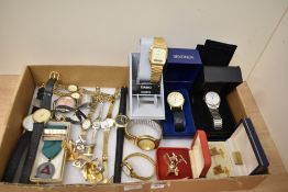 An assortment of costume jewellery and wristwatches, including a boxed Casio, Sekonda, Accurist