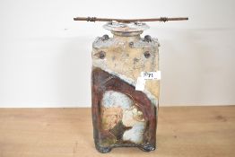 A contemporary Marc Adriaenssens studio pottery raku bottle, of tall rectangular form with a stopper