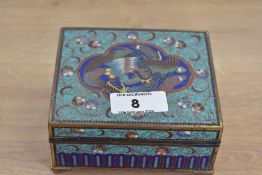 Thought to be 19th-century Japanese Cloisonné enamelled bronze box, having a hinged-lid upon four