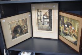 Three 20th-century framed prints, to include to hand coloured etchings 'Gateway with a Well' and a