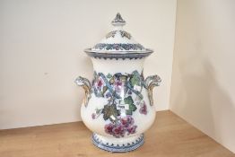 A large Victorian Edge, Malkin & Co-style transfer ware jar, featuring a foliate formed finial, twin