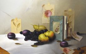 Mike Woods (British b.1967) Oil on board, a still life study depicting a sketchbook amongst fruit,