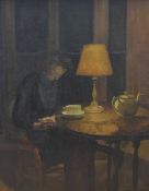 A 20th Century oil on canvas, depicting a 1940's woman reading a book and drinking tea under lamp