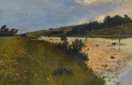 William George Robb (British 1872-1940) Oil on canvas, a Scottish summer river scene with figures,