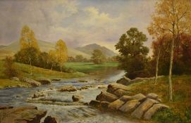 David Mead (British 1906 - 1986) Oil on canvas, an Autumnal mountainous river scene, signed lower