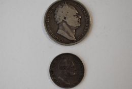 A William IV 1836 Silver Halfcrown, Rev Shield On Mantle. A William IV 1834 Silver Shilling, Rev