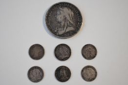 A Queen Victoria 1893 Silver Crown, Veiled Old Head, A Queen Victoria 1893 Silver Fourpence, Queen