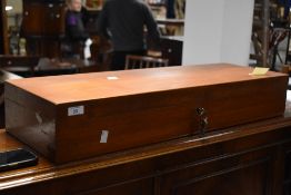 A 20th century fitted mahogany case, of hinged oblong form with lift out section, lockable with