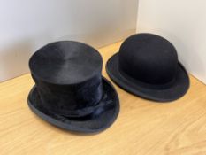 Two antique gentlemen's hats to include a 20th century J Sydney Jeffrey bowler hat in black felt