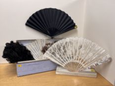 Assorted handheld fans with Mother of Pearl structure and cream Alencon or Chantilly lace, one