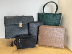 Assorted vintage and later ostrich leather bags, to include a forest green handbag, black
