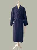 A vintage JAEGER cashmere and wool long coat in deep navy, featuring a belted wrap-tie styling,