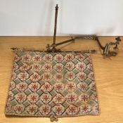 A 19th century antique tapestry screen with adjustable bronze bracket, dated to 1867, fabric