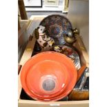 A pair of retro red Pheonix pyrex bowls, an unused cased set of fish cutlery, a Disney Cartoon