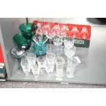 A selection of 20th-century glassware, to feature two green glass goblets, two coplin staining jars,