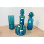 Four mid to late 20th-century Mdina glass pieces, in deep blue and green tones, comprising two