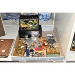 A collection of mixed sundry items including Eastern lacquered style jewellery box, small cast metal