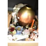 A large metallic vase of bulbous form, a Poole Pottery hors d'oeuvres dish having fish decoration,