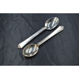 A pair of vintage Georg Jensen Pyramid pattern teaspoons, marks for 1933-44, London import marks