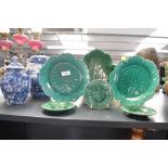Three late 19th to 20th-century Wedgwood Majolica cabbage leaf-style wares, to two plates and a