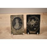 Two unusual 19th-century portrait prints on presumed leather and frabric backed by copper plates, to
