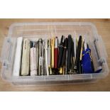 A box of various fountain pens, ballpoint pens and pencils mostly spares and repairs