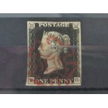 GB 1840 1d BLACK PLATE 1B FOUR MARGINS CORNER LETTERS FG WITH FINE USED RED MALTESE X CANCEL A