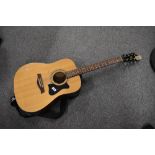 An Ibanez acoustic guitar, model V50JP-NT-27-01, with padded gig bag and Ibanez strap