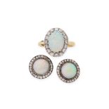 PAIR OF OPAL AND DIAMOND EAR STUDS AND A RING