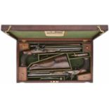 A RARE CASED PAIR OF 20 BORE FLINTLOCK SAW-HANDLED OFFICER’S PISTOLS WITH SHOULDER-STOCK BY