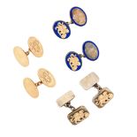 CROPP & FARR: PAIR OF GOLD CUFFLINKS AND TWO PAIRS OF SILVER AND GOLD CUFFLINKS BY ASPREY