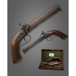 A FINE CASED PAIR OF PERCUSSION TRAVELLING BELT PISTOLS OF CARBINE BORE BY H. TATHAM,