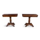 A PAIR OF WILLIAM IV ROSEWOOD FOLDING TOP TEA TABLES shaped rectangular form, on turned baluster