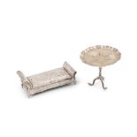 A MINIATURE SILVER TEA TABLE AND SILVER SETTEE, the tea table, Sheffield 1908,