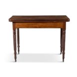 A GEORGE IV MAHOGANY AND ROSEWOOD BANDED FOLD TOP TEA TABLE, with brass strung top and plain