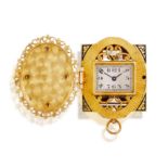 AN ENAMEL BRACELET WITH A DIAMOND, SEED PEARL AND ENAMEL PENDANT/BROOCH/WATCH • Of buckle design •