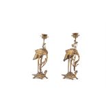 A PAIR OF GILT COPPER 'CRANES AND TURTLES' CANDLE STANDS Japan, Meiji period H.26.