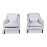 A PAIR OF MODERN UPHOLSTERED BOX ARMCHAIRS, each covered in striped fabric with loose seat